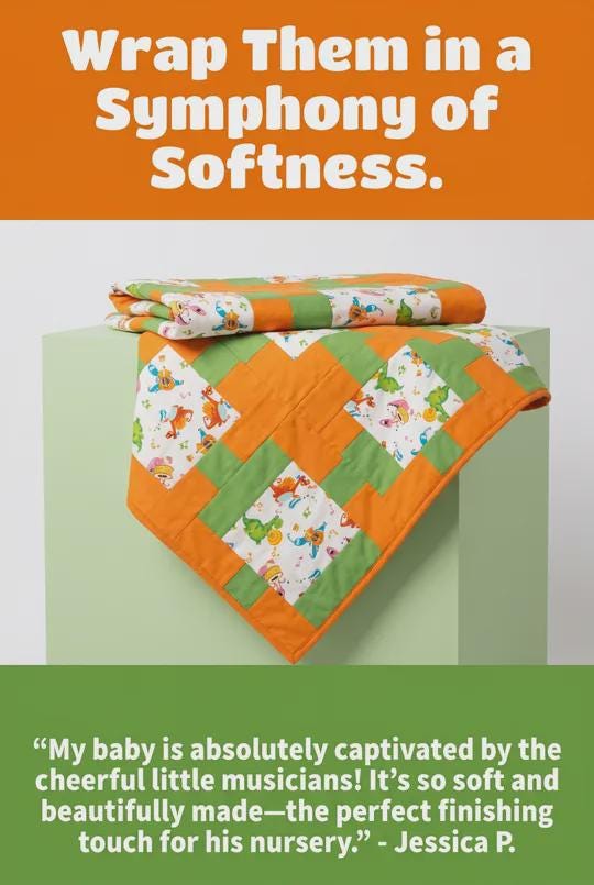 Handmade Whimsical Musicians in Green and Orange Baby Quilt