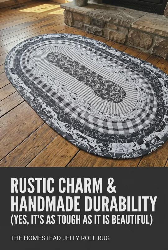 Handmade Black and White Homestead Jelly Roll Rug