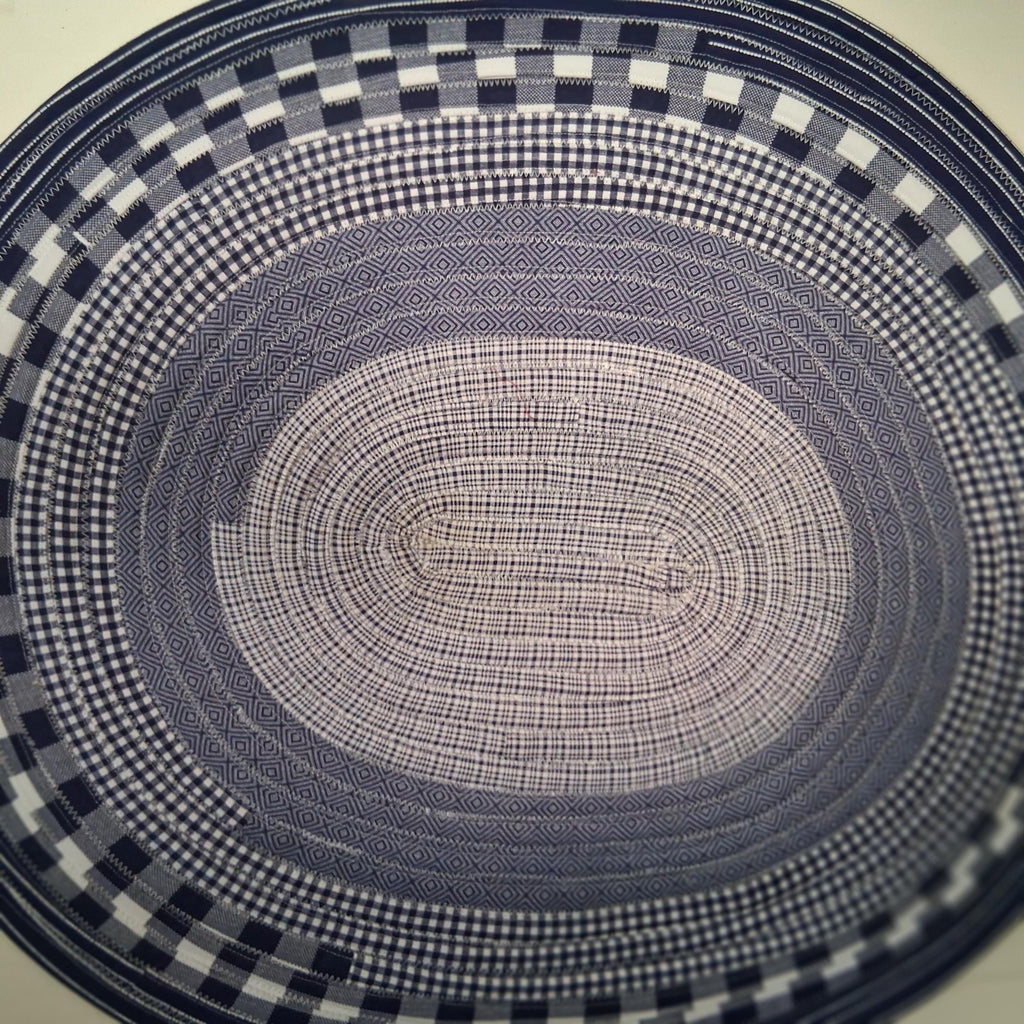 Handmade Bright Blue and White Oval Jelly Roll Rug