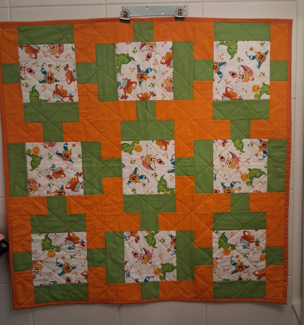 Handmade Whimsical Musicians in Green and Orange Baby Quilt