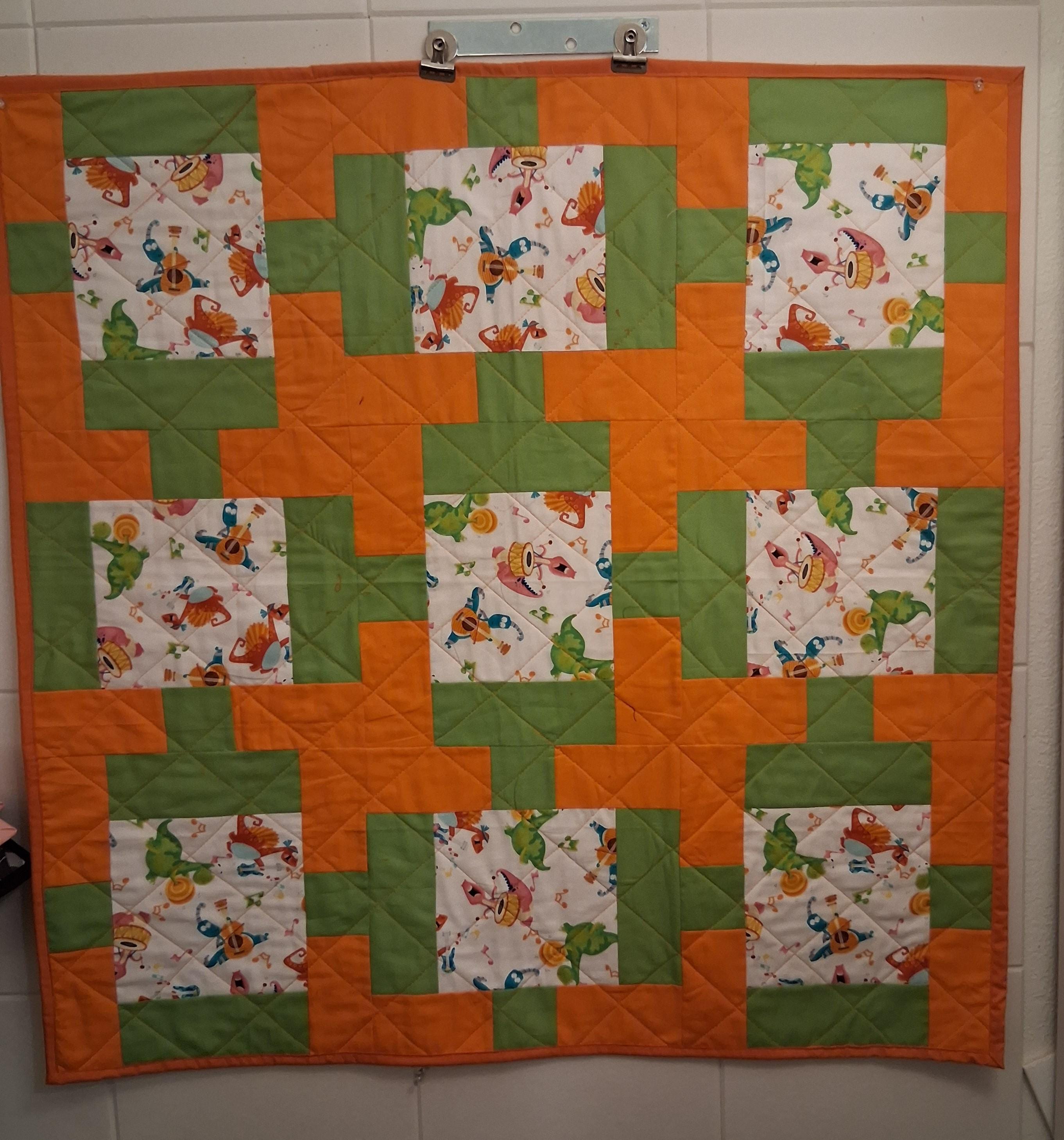 Handmade Whimsical Musicians in Green and Orange Baby Quilt