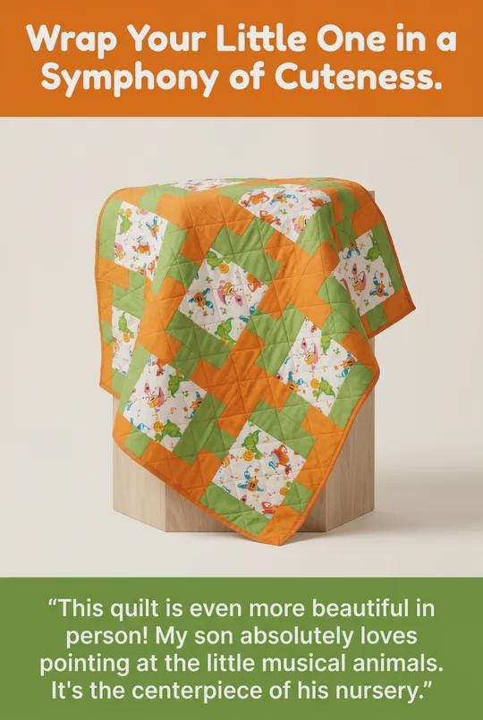 Handmade Whimsical Musicians in Green and Orange Baby Quilt