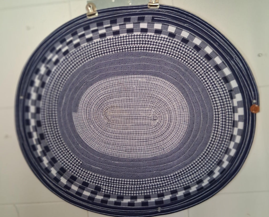 Handmade Bright Blue and White Oval Jelly Roll Rug